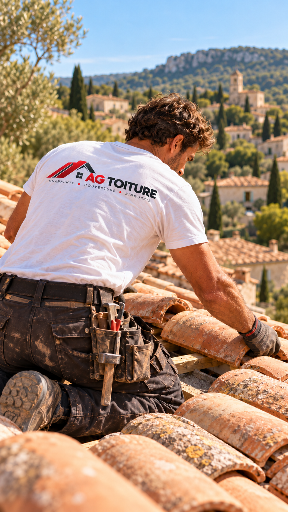 Artisan couvreur travaillant sur une toiture en tuiles