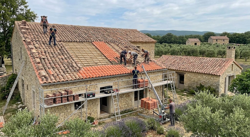 Travaux de rénovation d'une toiture avec échafaudage